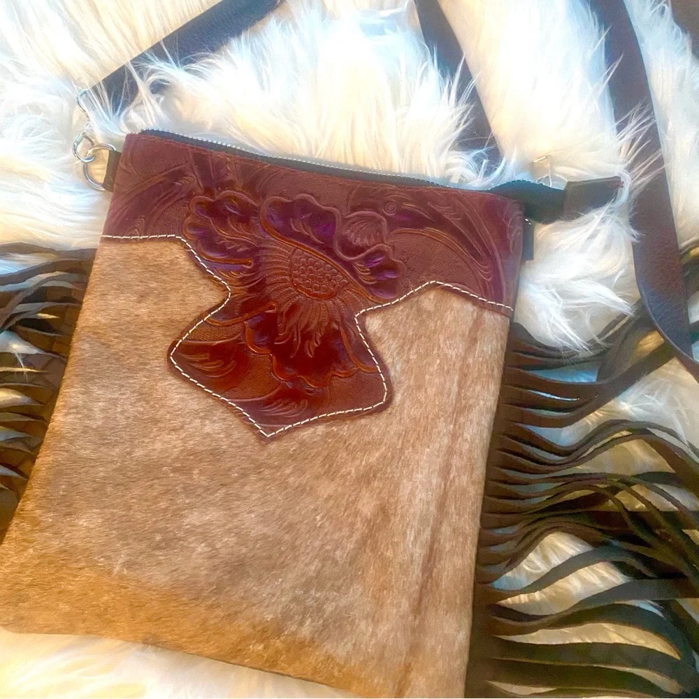 Genuine Cowhide Hair Embossed Leather Western Fringe Crossbody Boho Purse